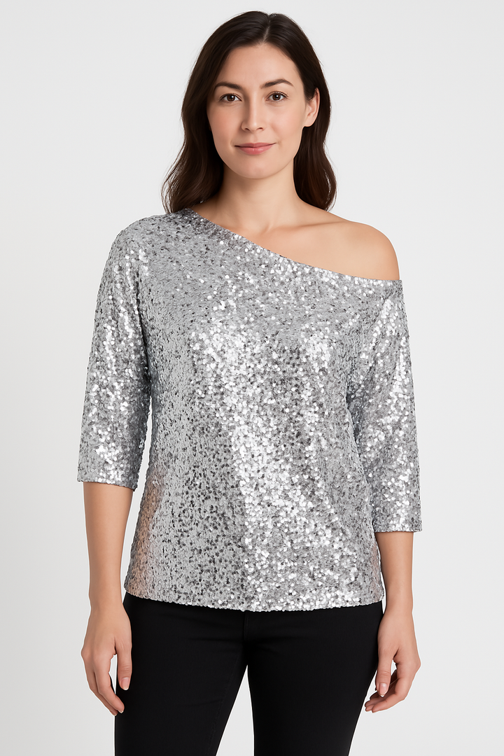 Women’s Sequin Top – Off Shoulder – Relaxed Fit – Mid Sleeve – Party Casual Style