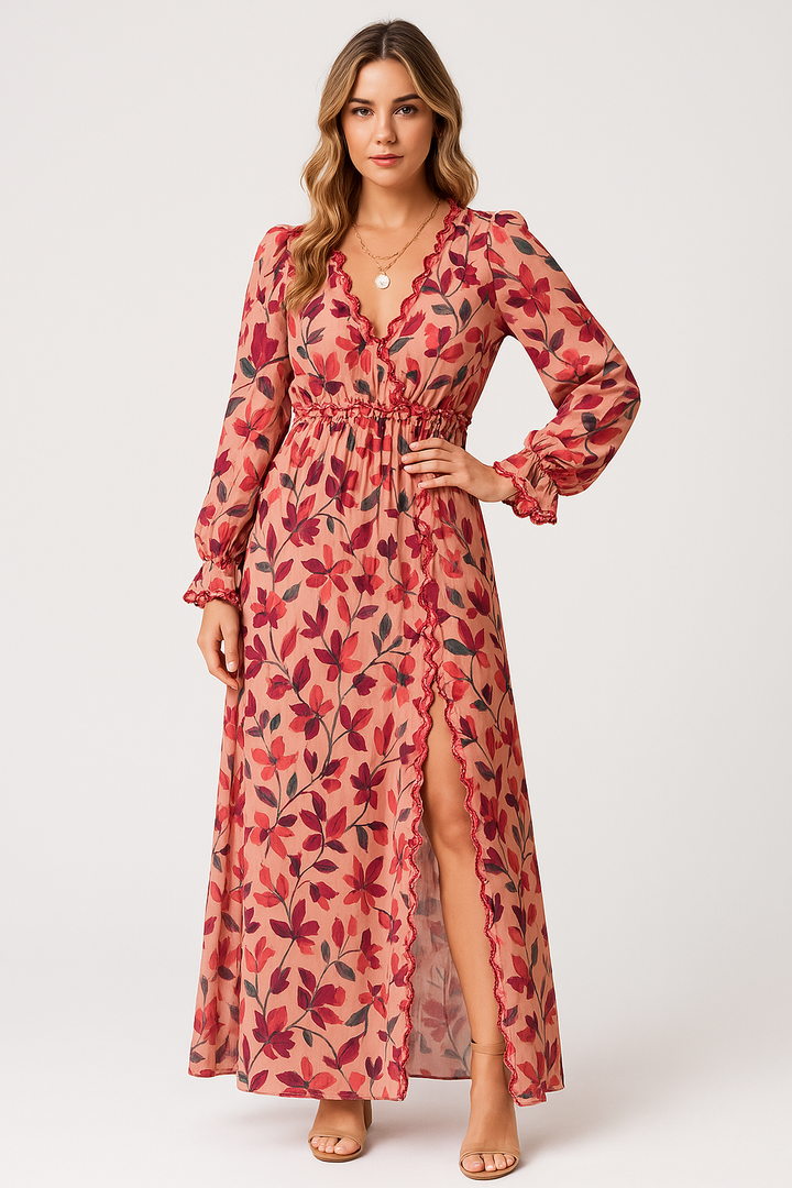Women’s Maxi Dress – Lightweight Fabric – V-Neck Ruffle Detail – Long Sleeve – Floral Print
