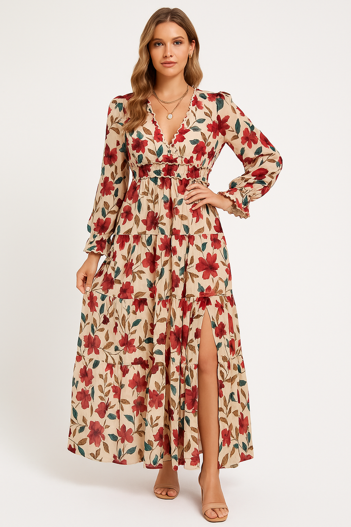 Women’s Maxi Dress – Lightweight Fabric – V-Neck Ruffle Detail – Long Sleeve – Floral Print