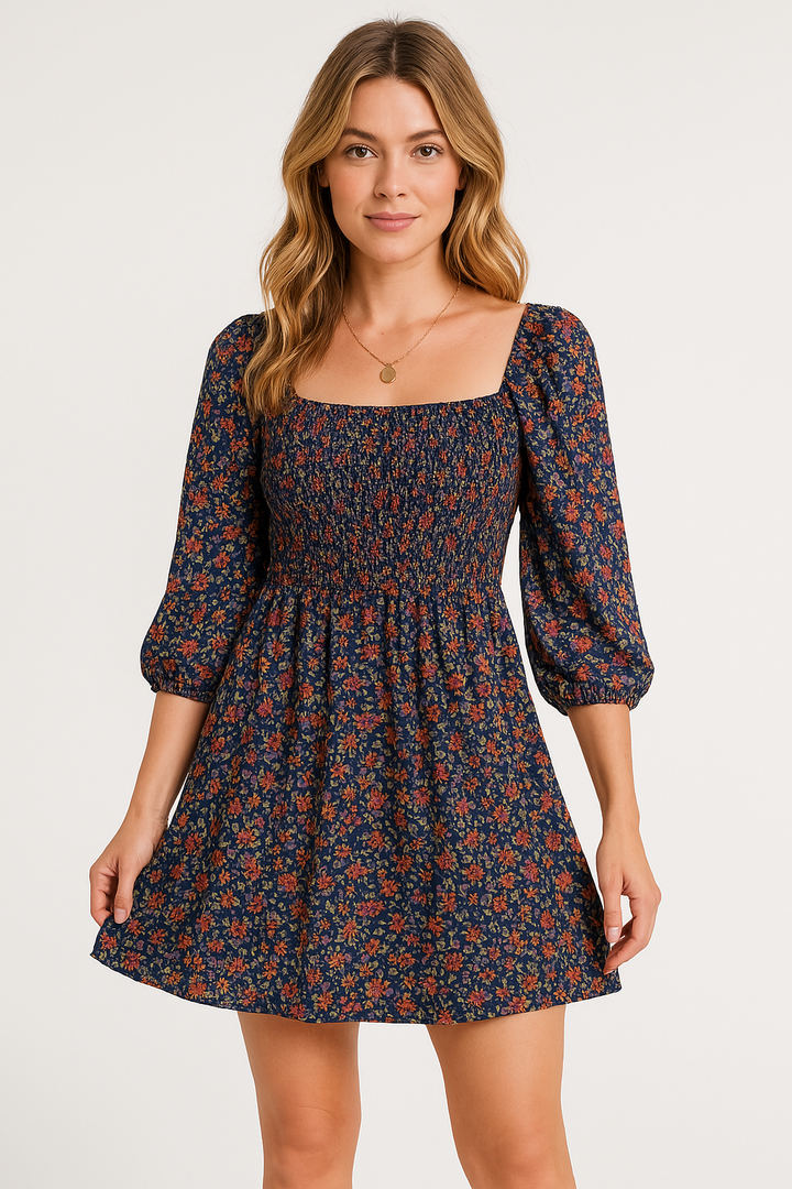 Women’s Casual Dress – Smocked Bodice – Square Neck – Long Sleeve – Lightweight Cotton