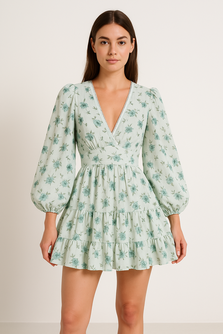 Women’s A-Line Dress – V-Neck – Long Puff Sleeve – Lightweight Cotton – Tiered Mini Skirt