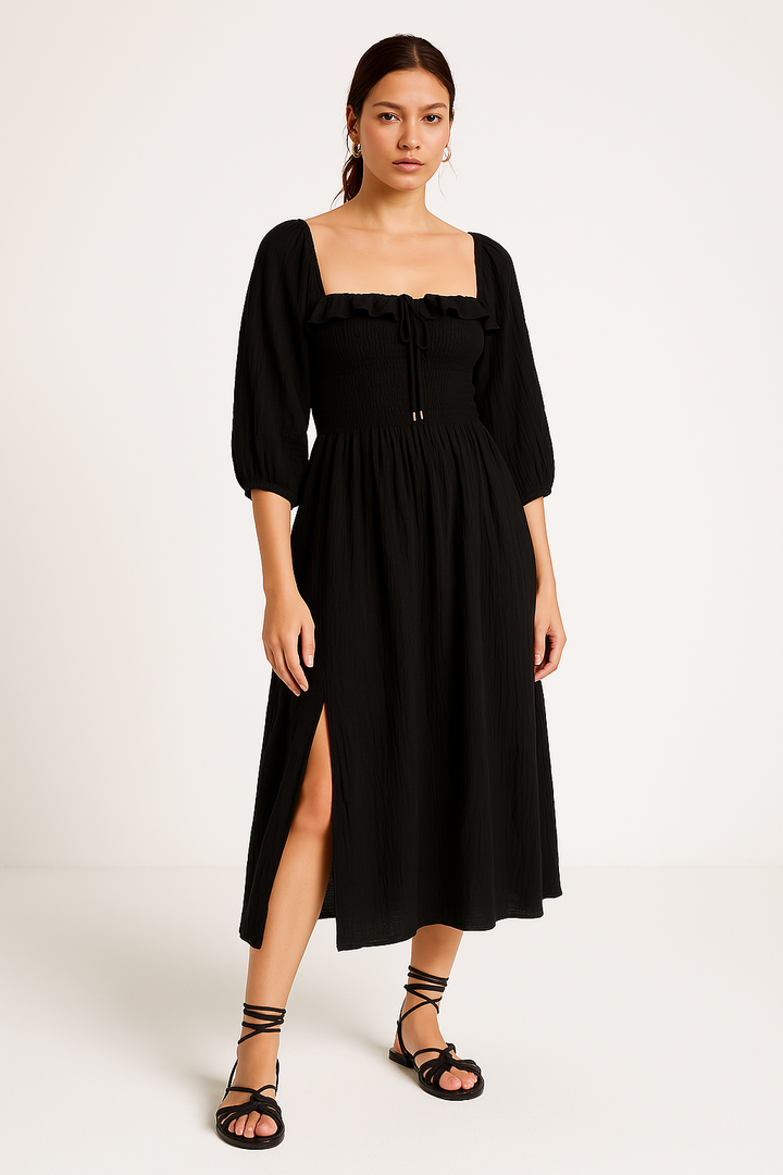 Women’s Midi Dress – Square Neck – Puff Sleeve – Tie Front – Side Slit – Textured Fabric