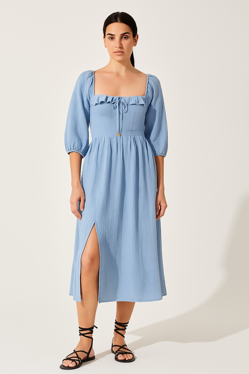 Women’s Midi Dress – Square Neck – Puff Sleeve – Tie Front – Side Slit – Textured Fabric
