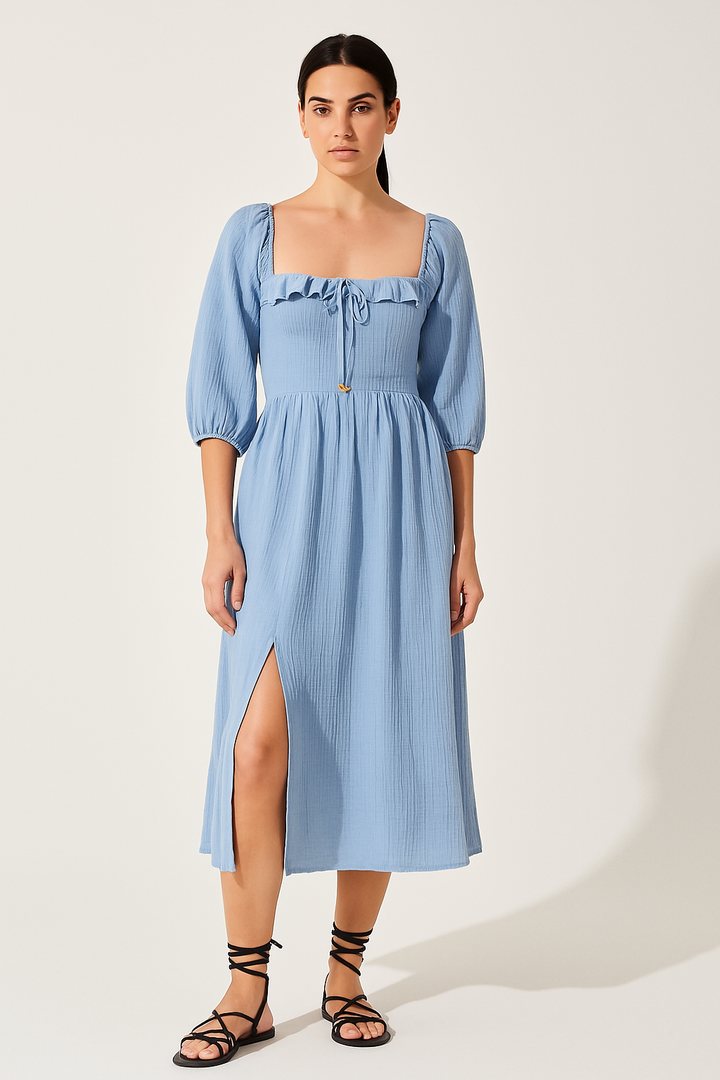 Women’s Midi Dress – Square Neck – Puff Sleeve – Tie Front – Side Slit – Textured Fabric
