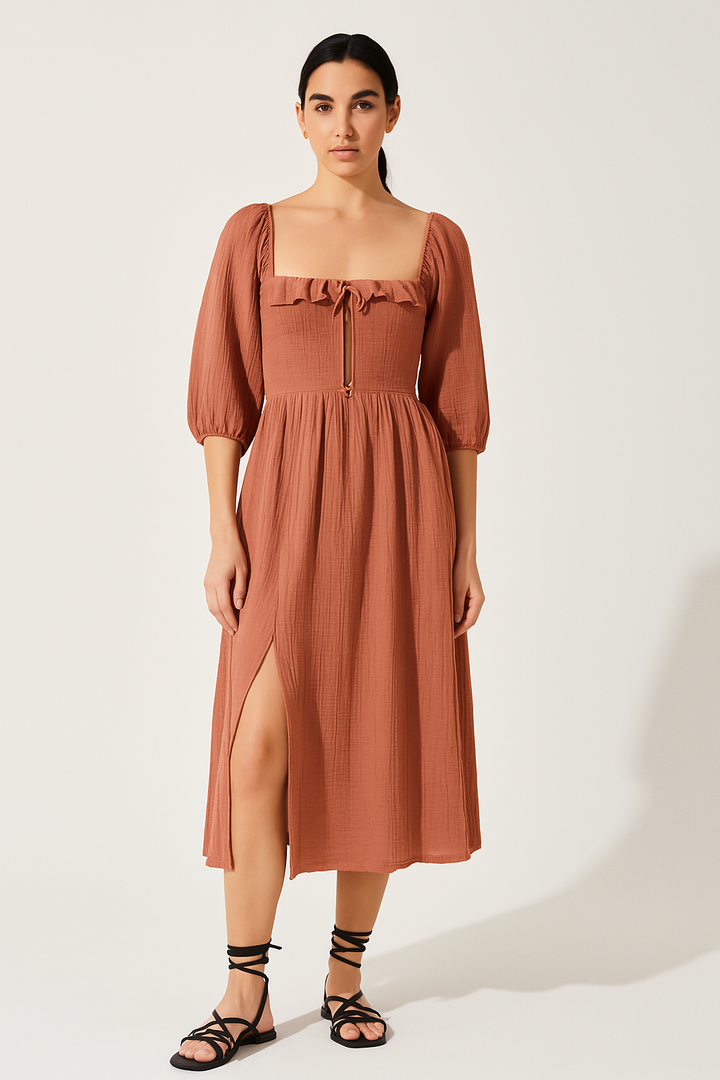 Women’s Midi Dress – Square Neck – Puff Sleeve – Tie Front – Side Slit – Textured Fabric