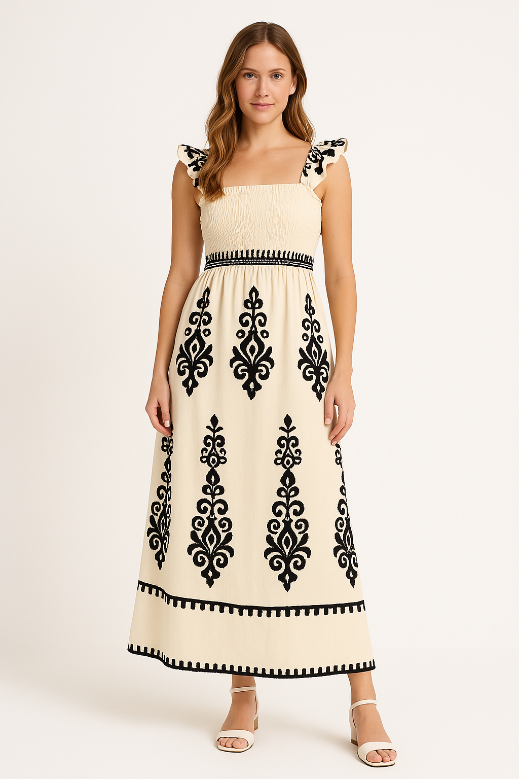Women's Maxi Dress - Embroidered A-Line - Square Neck - Ruffled Straps - Elegant Fit