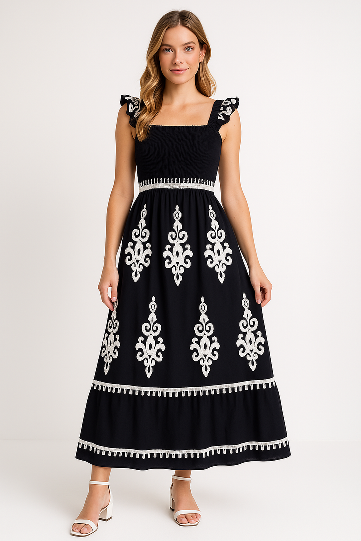Women's Maxi Dress - Embroidered A-Line - Square Neck - Ruffled Straps - Elegant Fit