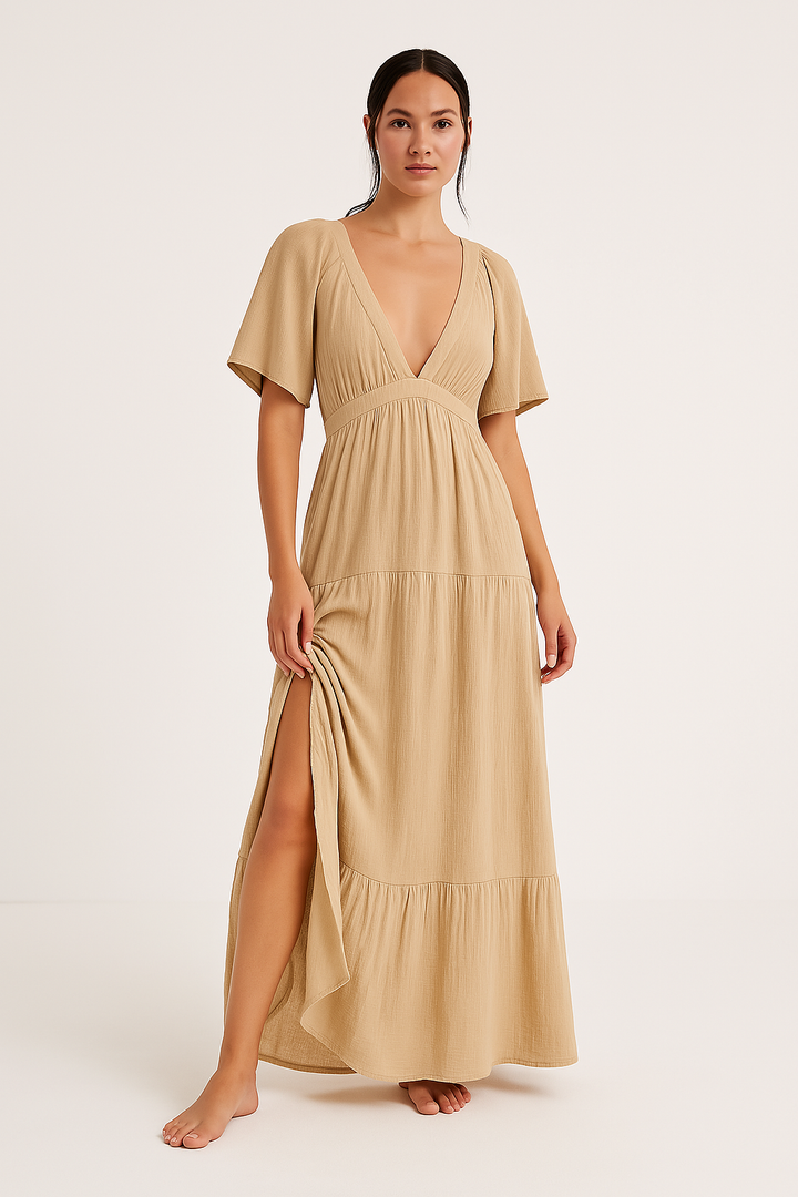 Women’s Maxi Dress – Deep V-Neck – Empire Waist – Side Slit – Lightweight Flowy Fit
