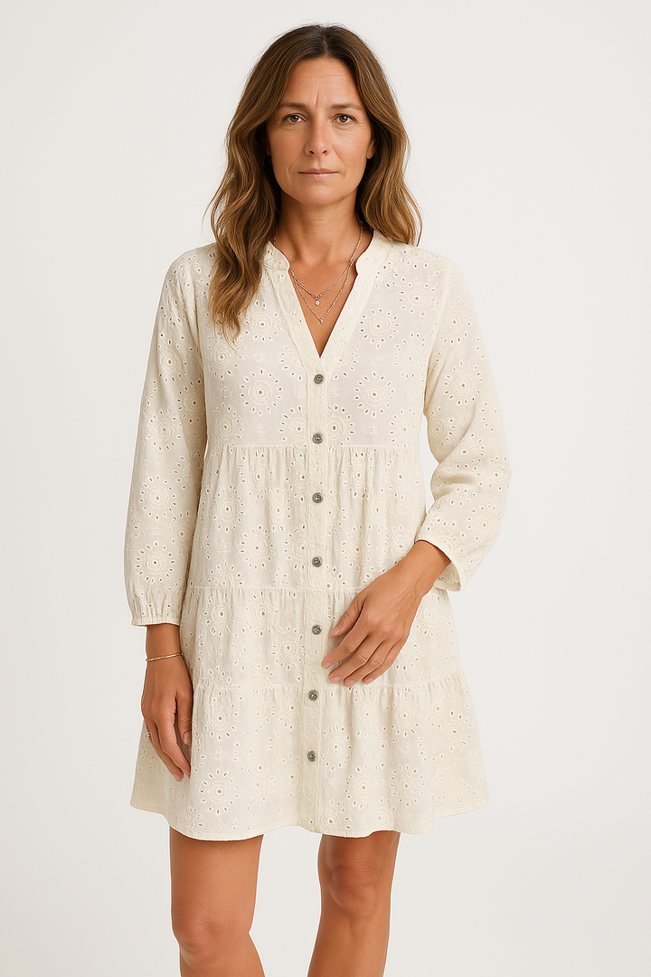 Women’s Dress – Eyelet Embroidered – V-Neck – Long Sleeve – Tiered Relaxed Fit