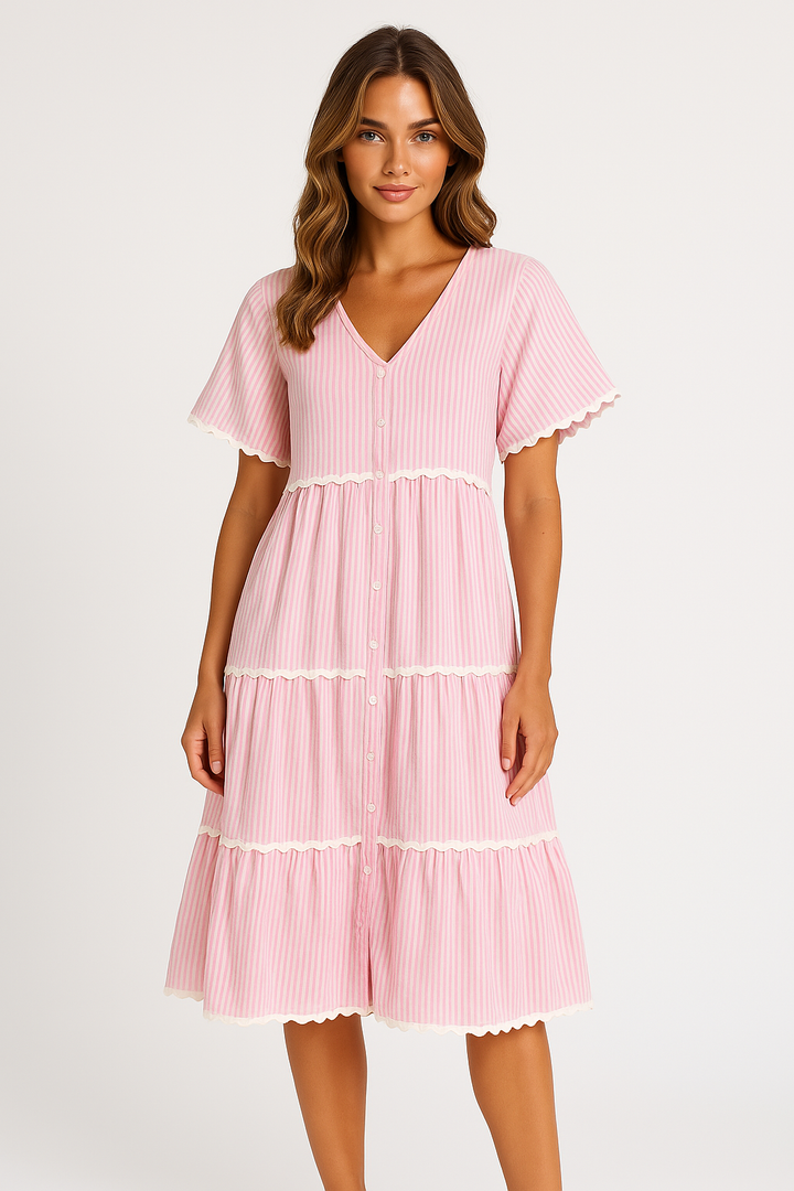 Women’s Tiered Dress – V-Neck – Short Sleeve – Button Front – Scalloped Trim – Flowy Fit