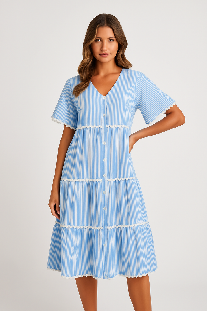 Women’s Tiered Dress – V-Neck – Short Sleeve – Button Front – Scalloped Trim – Flowy Fit