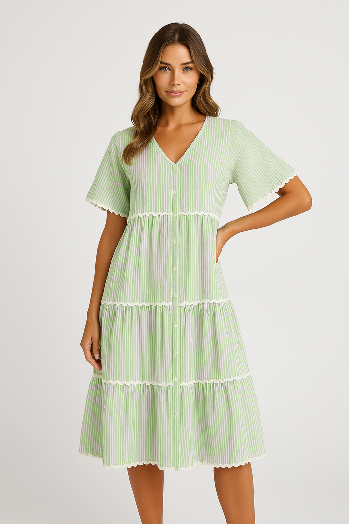 Women’s Tiered Dress – V-Neck – Short Sleeve – Button Front – Scalloped Trim – Flowy Fit