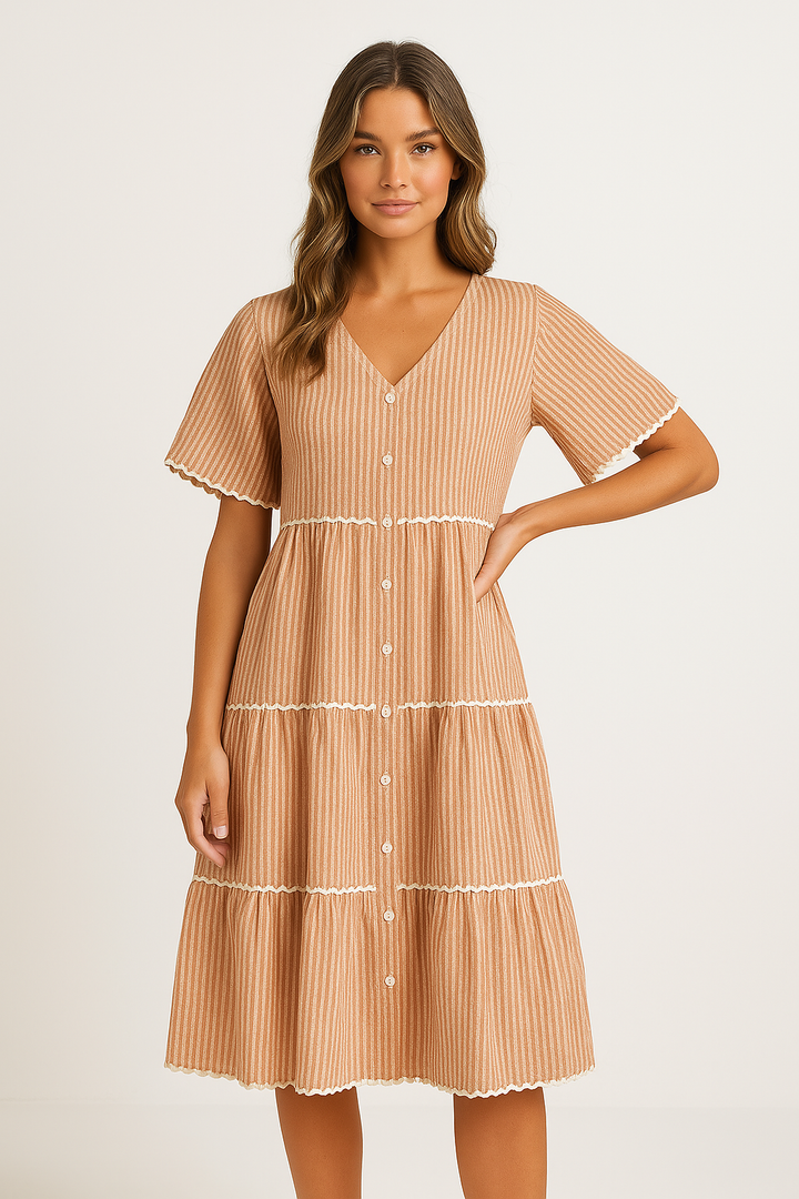 Women’s Tiered Dress – V-Neck – Short Sleeve – Button Front – Scalloped Trim – Flowy Fit