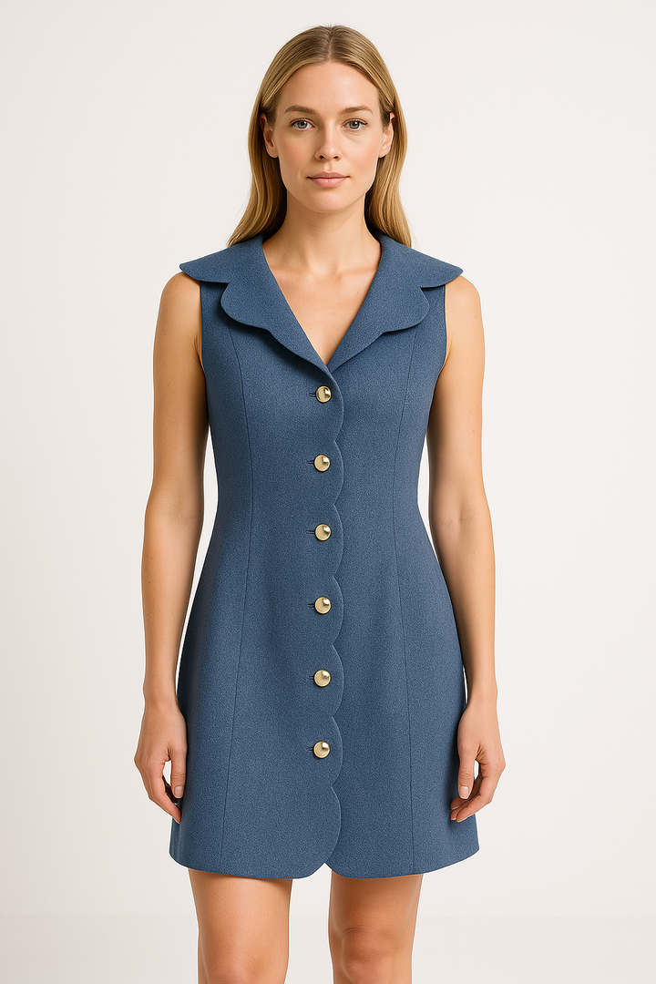 Women’s Sleeveless Dress – Tailored Fit – V-Neck Scalloped Placket – Button Front