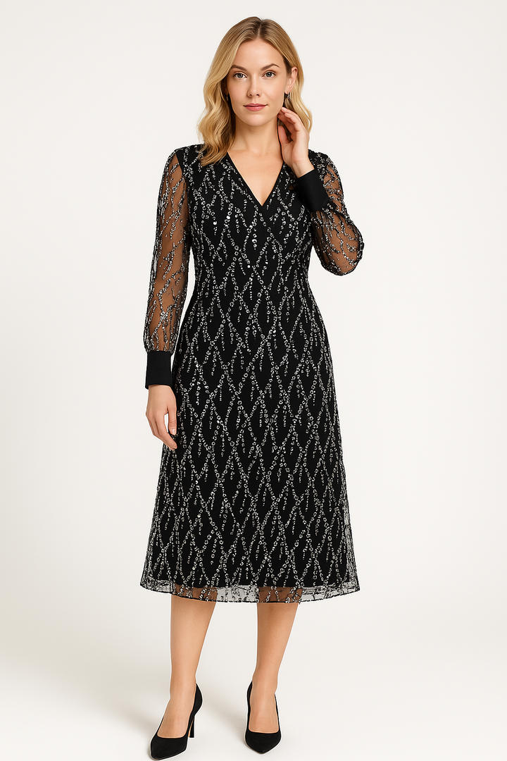 Women’s Midi Dress – V-Neck – Long Sheer Sleeves – Sequin Embellished – A-Line Fit