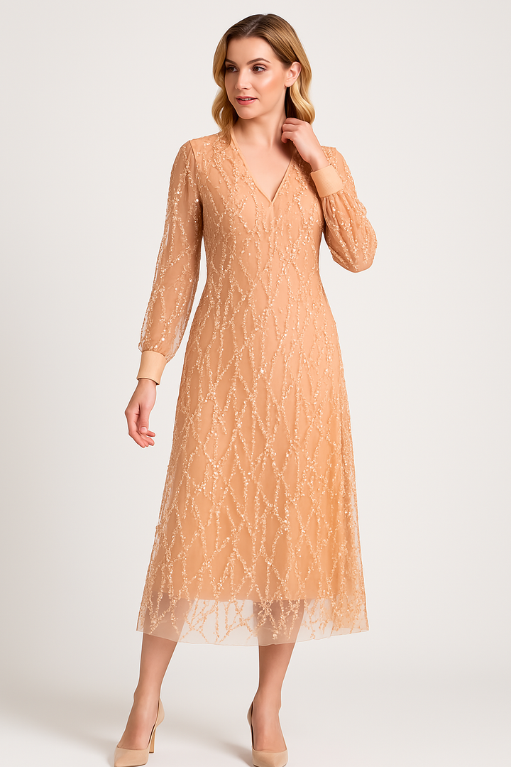 Women’s Midi Dress – V-Neck – Long Sheer Sleeves – Sequin Embellished – A-Line Fit