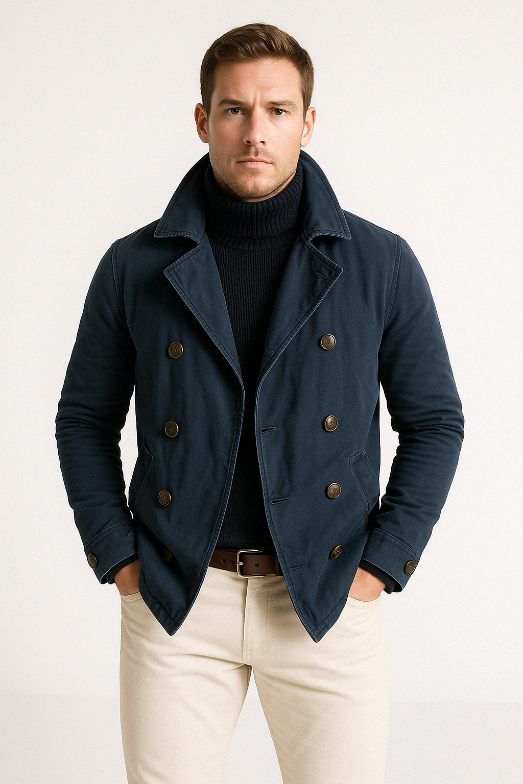 Men’s Casual Jacket - Heavy Cotton - Double-Breasted - High Collar - Button Cuffs