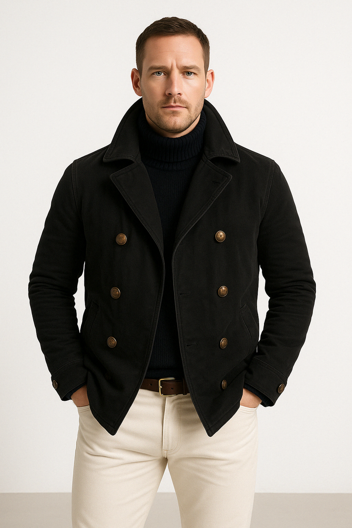 Men’s Casual Jacket - Heavy Cotton - Double-Breasted - High Collar - Button Cuffs