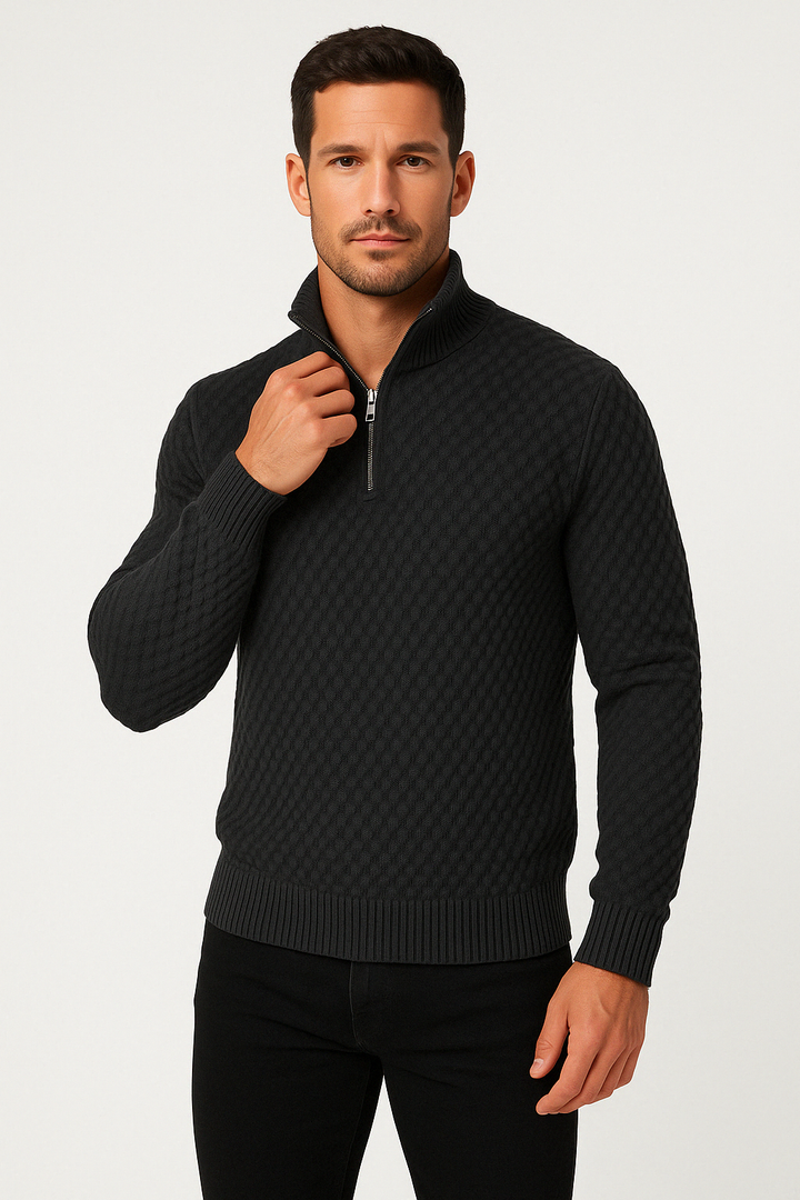 Men’s Half-Zip Sweater – Textured Knit – Tailored Fit – Ribbed Collar & Cuffs