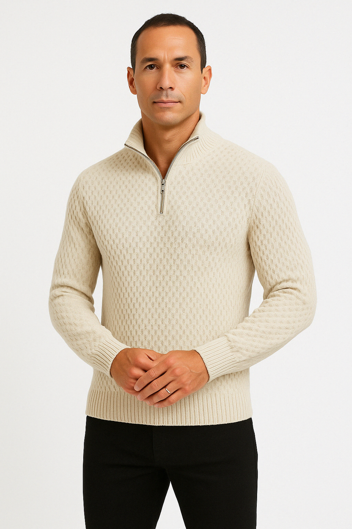 Men’s Half-Zip Sweater – Textured Knit – Tailored Fit – Ribbed Collar & Cuffs
