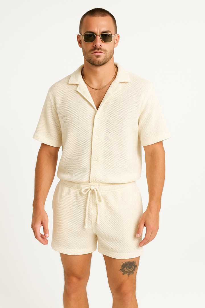 Men’s Shirt and Shorts Set - Short Sleeve Button-Up - Notched Collar - Elastic Waist Drawstring