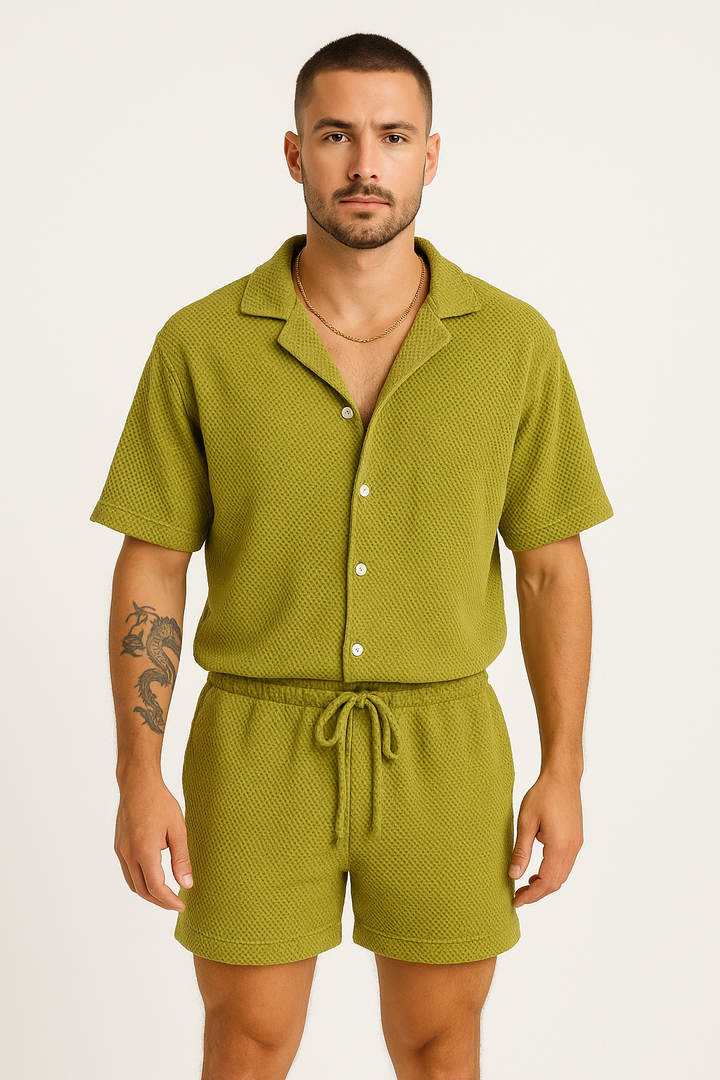 Men’s Shirt and Shorts Set - Short Sleeve Button-Up - Notched Collar - Elastic Waist Drawstring