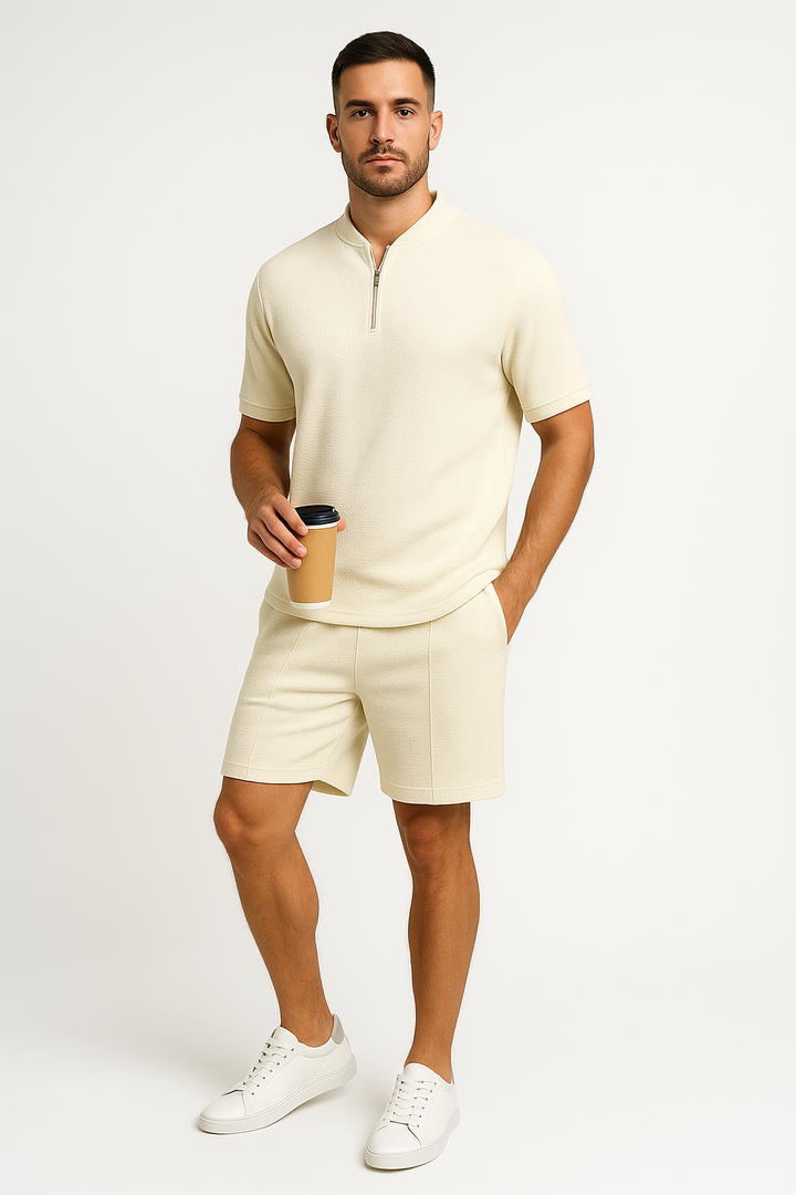 Men’s Zip-Up Waffle Knit Set – Relaxed Fit – Breathable Casual Lounge Wear