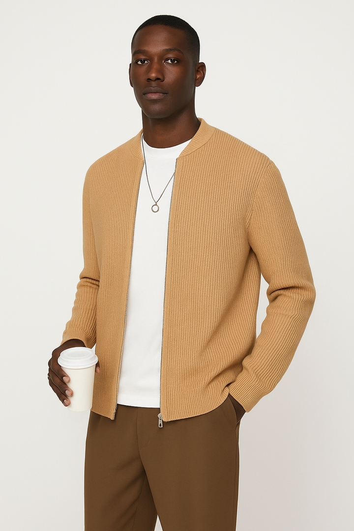 Men’s Cardigan – Ribbed Knit – Double Zipper – Relaxed Fit – Long Sleeve Casual Layer