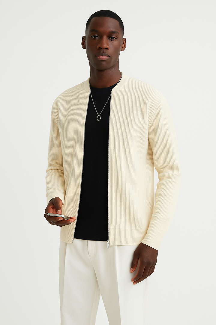 Men’s Cardigan – Ribbed Knit – Double Zipper – Relaxed Fit – Long Sleeve Casual Layer