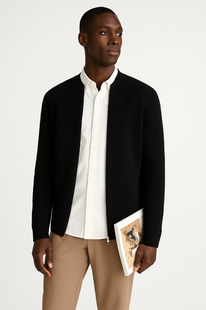Men’s Cardigan – Ribbed Knit – Double Zipper – Relaxed Fit – Long Sleeve Casual Layer