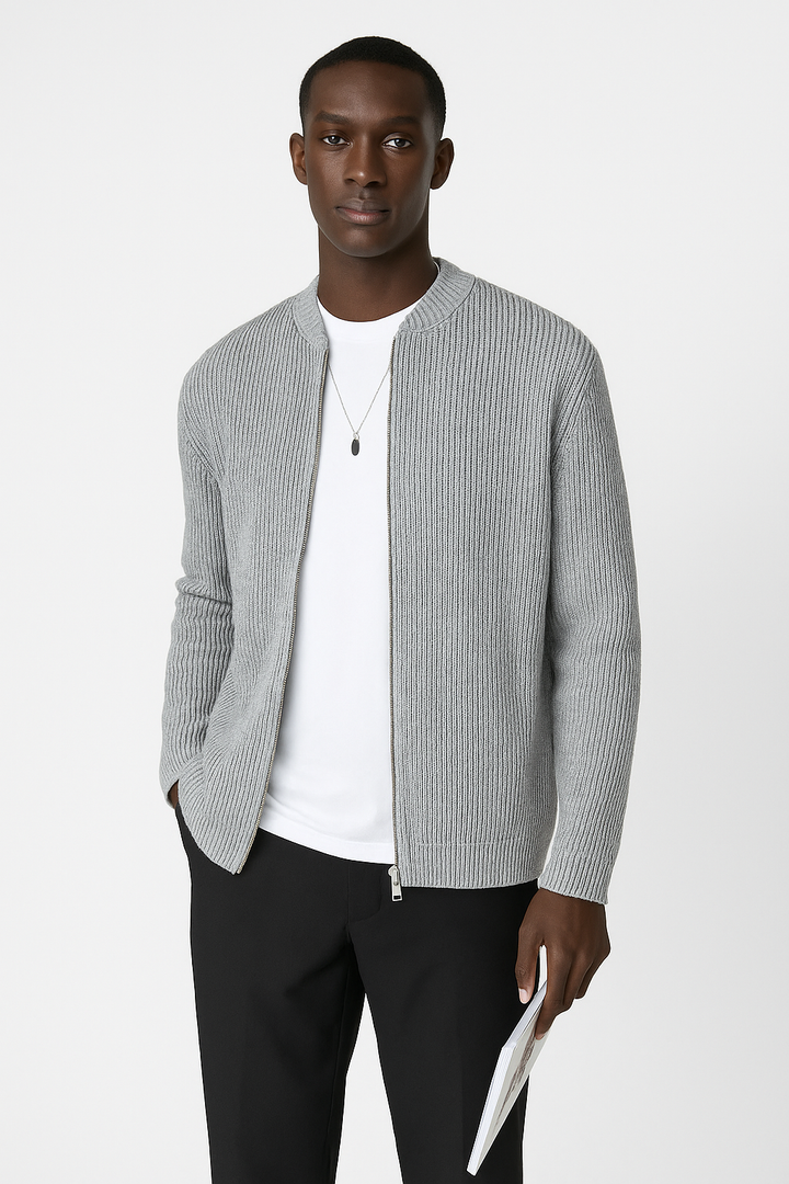 Men’s Cardigan – Ribbed Knit – Double Zipper – Relaxed Fit – Long Sleeve Casual Layer