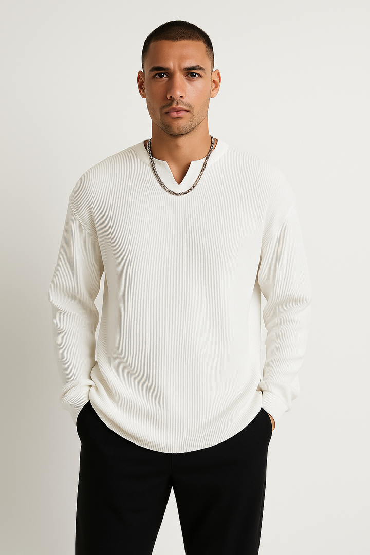 Men’s Long Sleeve T-Shirt - Ribbed Knit - Relaxed Fit - V-Neck Casual Base Layer