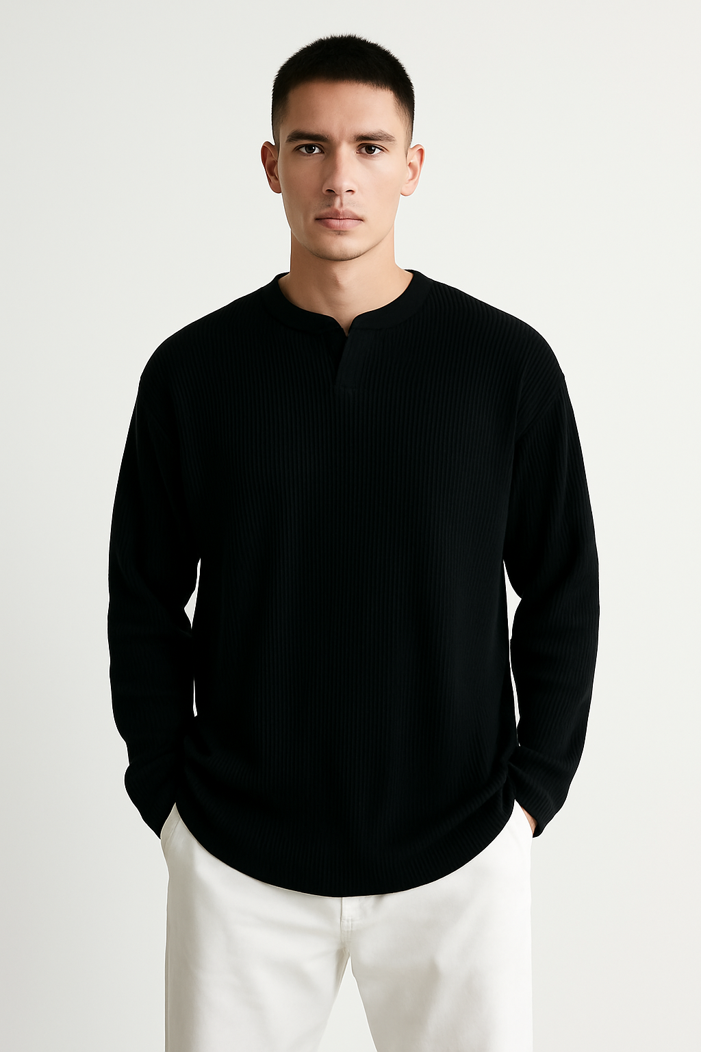Men’s Long Sleeve T-Shirt - Ribbed Knit - Relaxed Fit - V-Neck Casual Base Layer