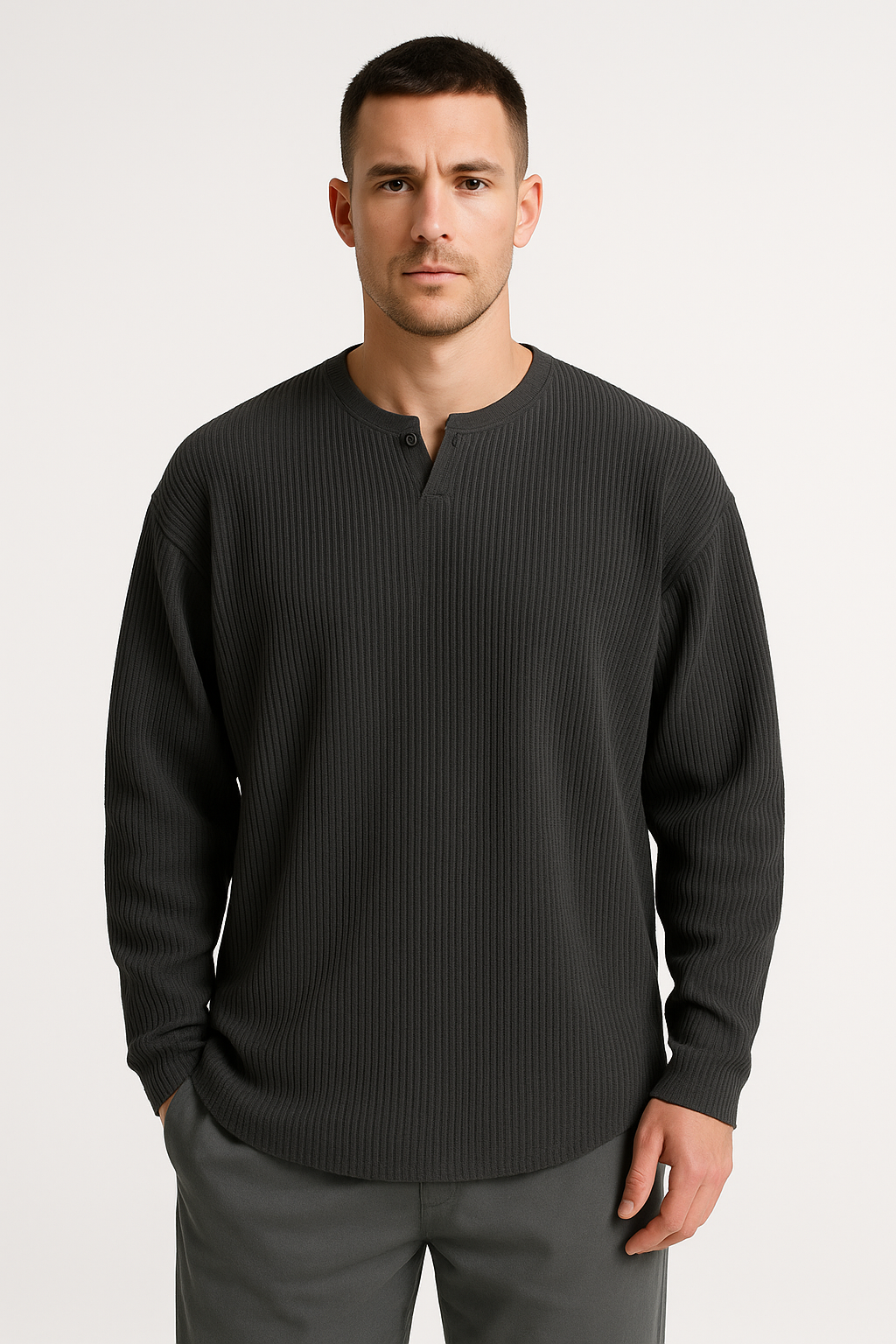 Men’s Long Sleeve T-Shirt - Ribbed Knit - Relaxed Fit - V-Neck Casual Base Layer