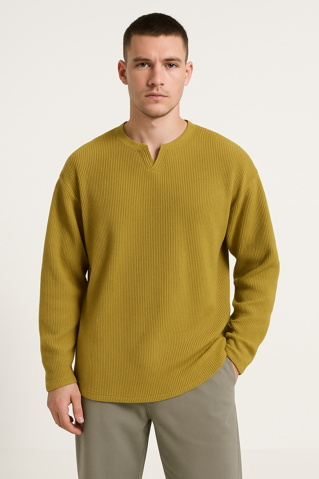 Men’s Long Sleeve T-Shirt - Ribbed Knit - Relaxed Fit - V-Neck Casual Base Layer