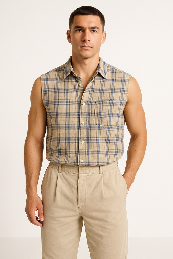 Men’s Sleeveless Shirt - Loose Fit - Button-Down - Lightweight Cotton - Casual Plaid