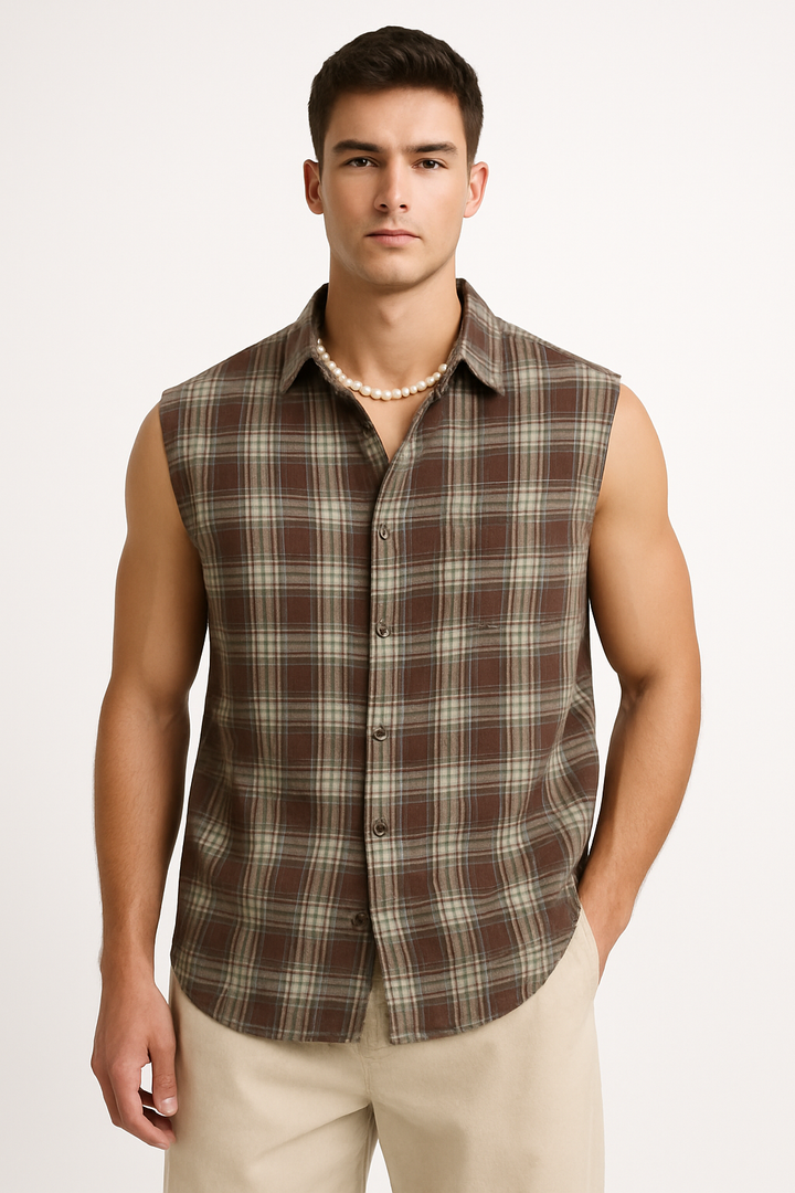 Men’s Sleeveless Shirt - Loose Fit - Button-Down - Lightweight Cotton - Casual Plaid