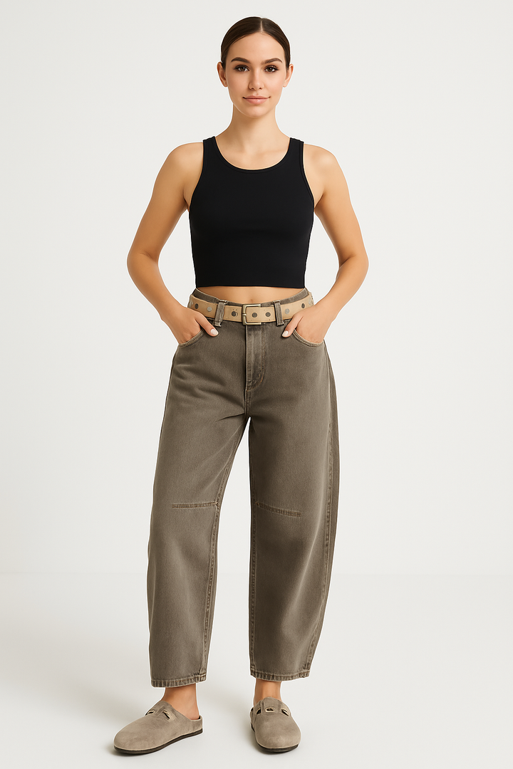 Women’s Jeans - Relaxed Fit - Barrel Leg - Full Length - Animal Print Casual Denim