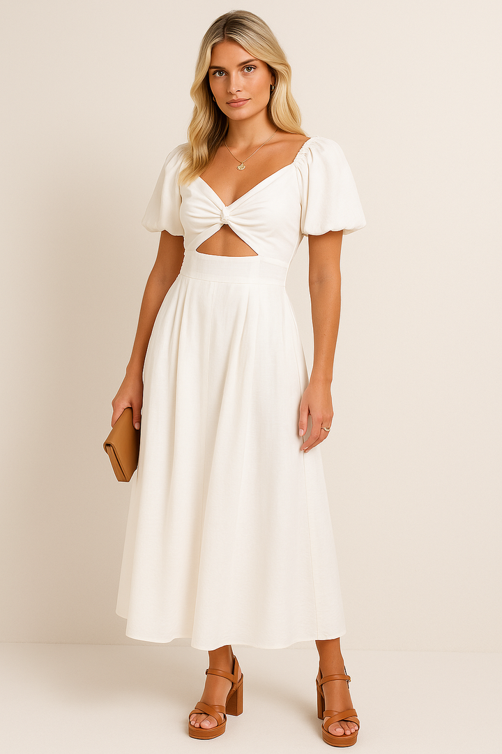 Women’s Midi Dress – Puff Sleeve – Sweetheart Neckline – Knot Front – Flattering Fit