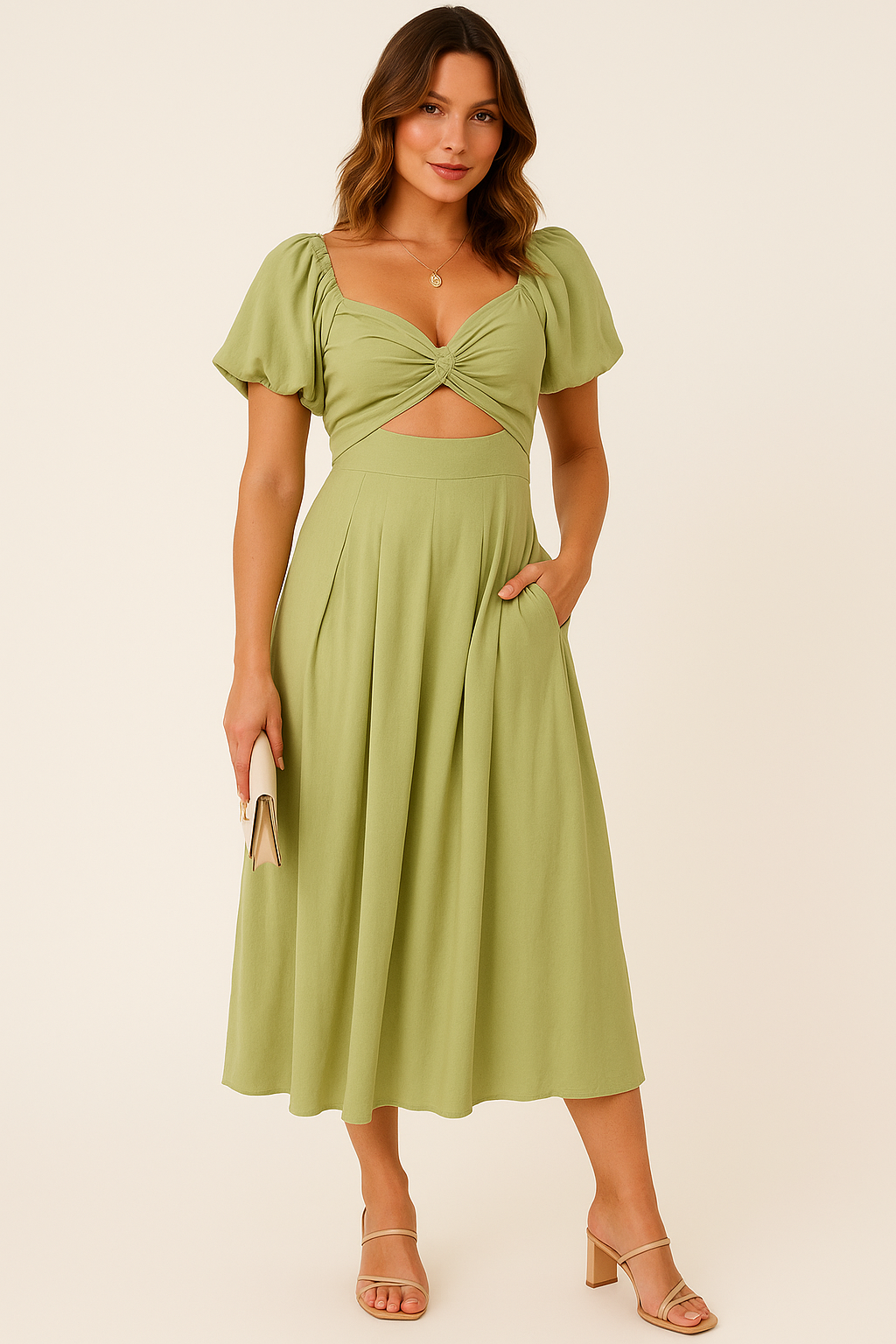 Women’s Midi Dress – Puff Sleeve – Sweetheart Neckline – Knot Front – Flattering Fit