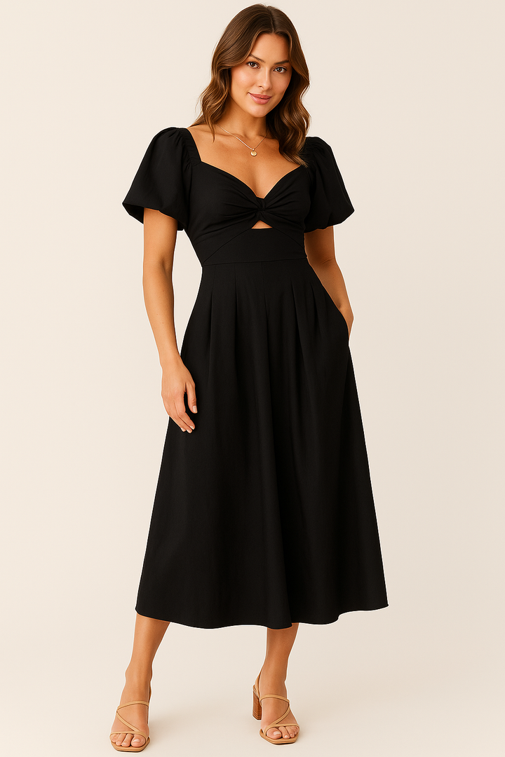 Women’s Midi Dress – Puff Sleeve – Sweetheart Neckline – Knot Front – Flattering Fit