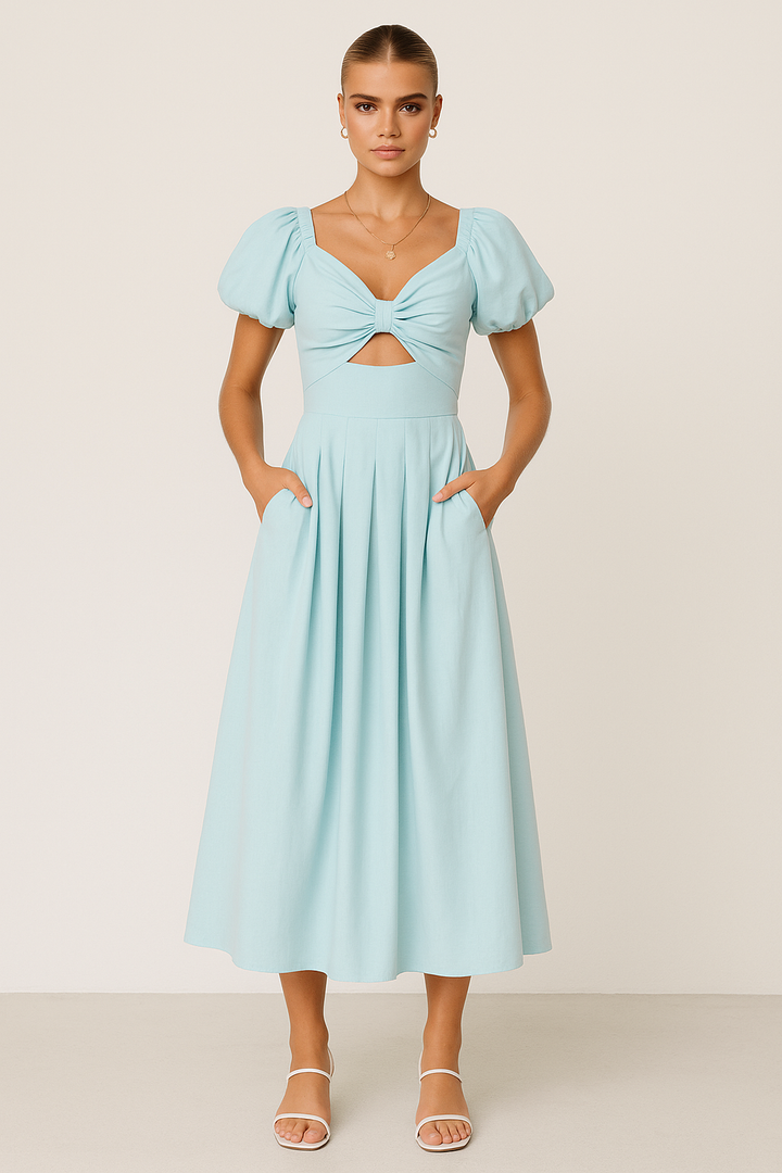 Women’s Midi Dress – Puff Sleeve – Sweetheart Neckline – Knot Front – Flattering Fit