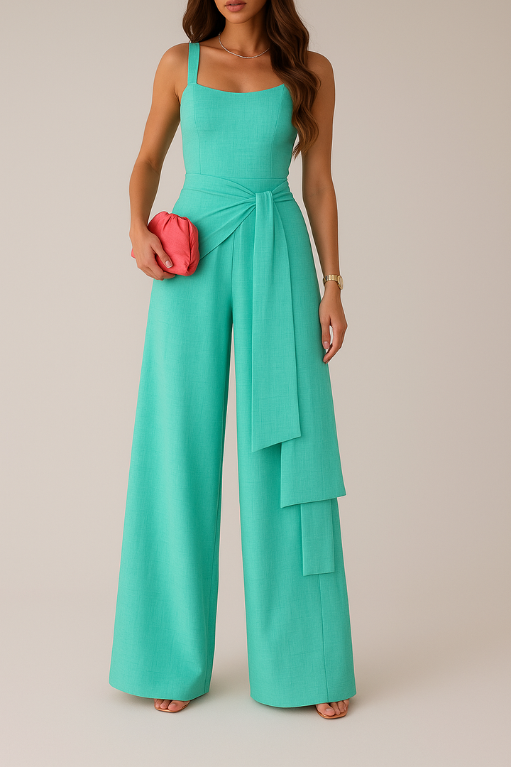 Women’s Jumpsuit - Linen Blend - Sleeveless Fitted Bodice - Wide Leg - Adjustable Waist