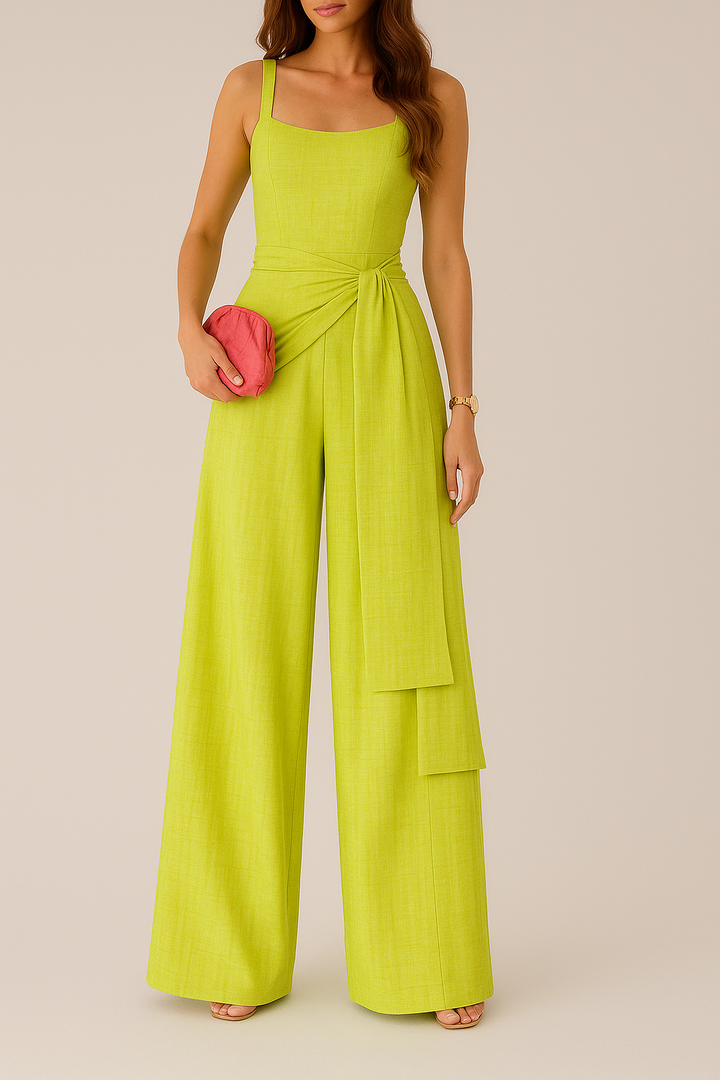 Women’s Jumpsuit - Linen Blend - Sleeveless Fitted Bodice - Wide Leg - Adjustable Waist