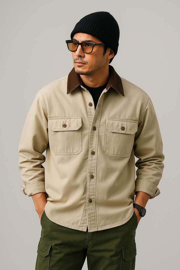 Men’s Workwear Jacket – Canvas Fabric – Loose Fit – Button Front – Utility Pockets