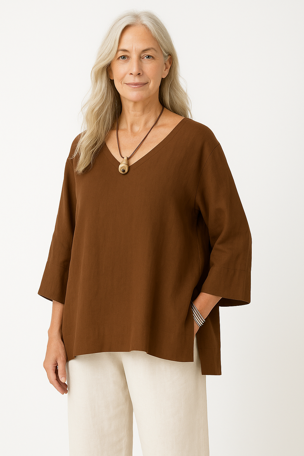 Women’s V-Neck Top – Cotton Linen Blend – Loose Fit – 3/4 Sleeve – Side Slit