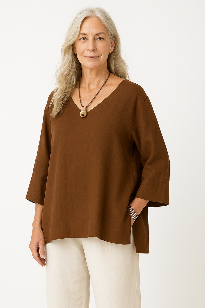 Women’s V-Neck Top – Cotton Linen Blend – Loose Fit – 3/4 Sleeve – Side Slit