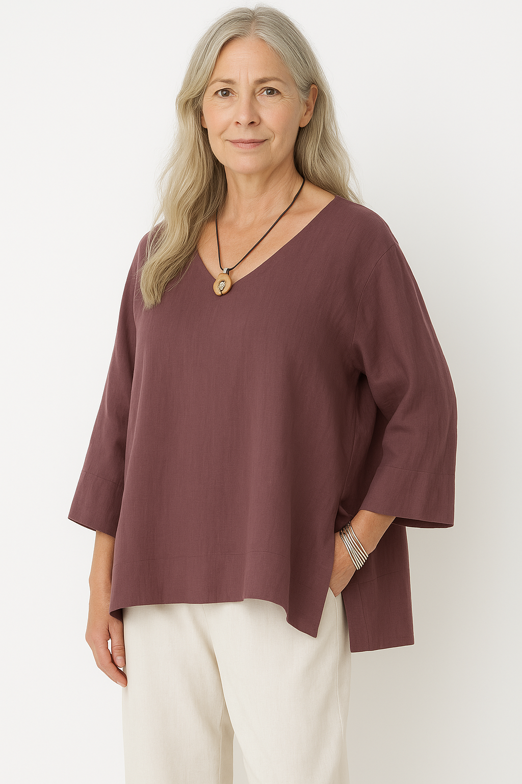 Women’s V-Neck Top – Cotton Linen Blend – Loose Fit – 3/4 Sleeve – Side Slit
