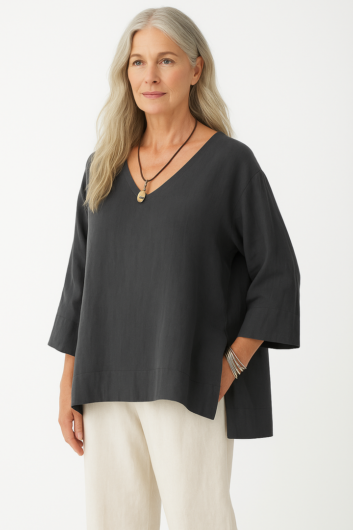 Women’s V-Neck Top – Cotton Linen Blend – Loose Fit – 3/4 Sleeve – Side Slit