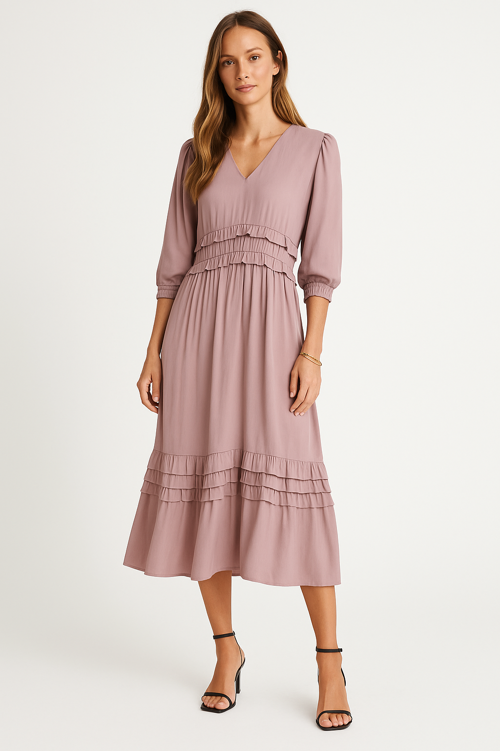 Women’s Midi Dress – V-Neck Relaxed Fit – Tiered Ruffle – Long Sleeve – Breathable Blend